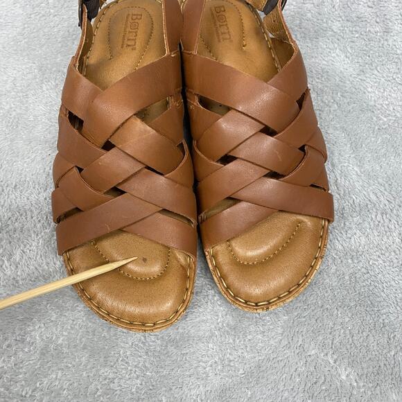 Born Sandals Womens 9 M Brown Tan Laila Leather Woven Strappy Cork Wedge Buckle - Picture 2 of 13
